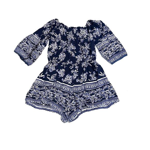 Angie Pants - Angie Floral Blue White Boho Summer Romper Women's S Small